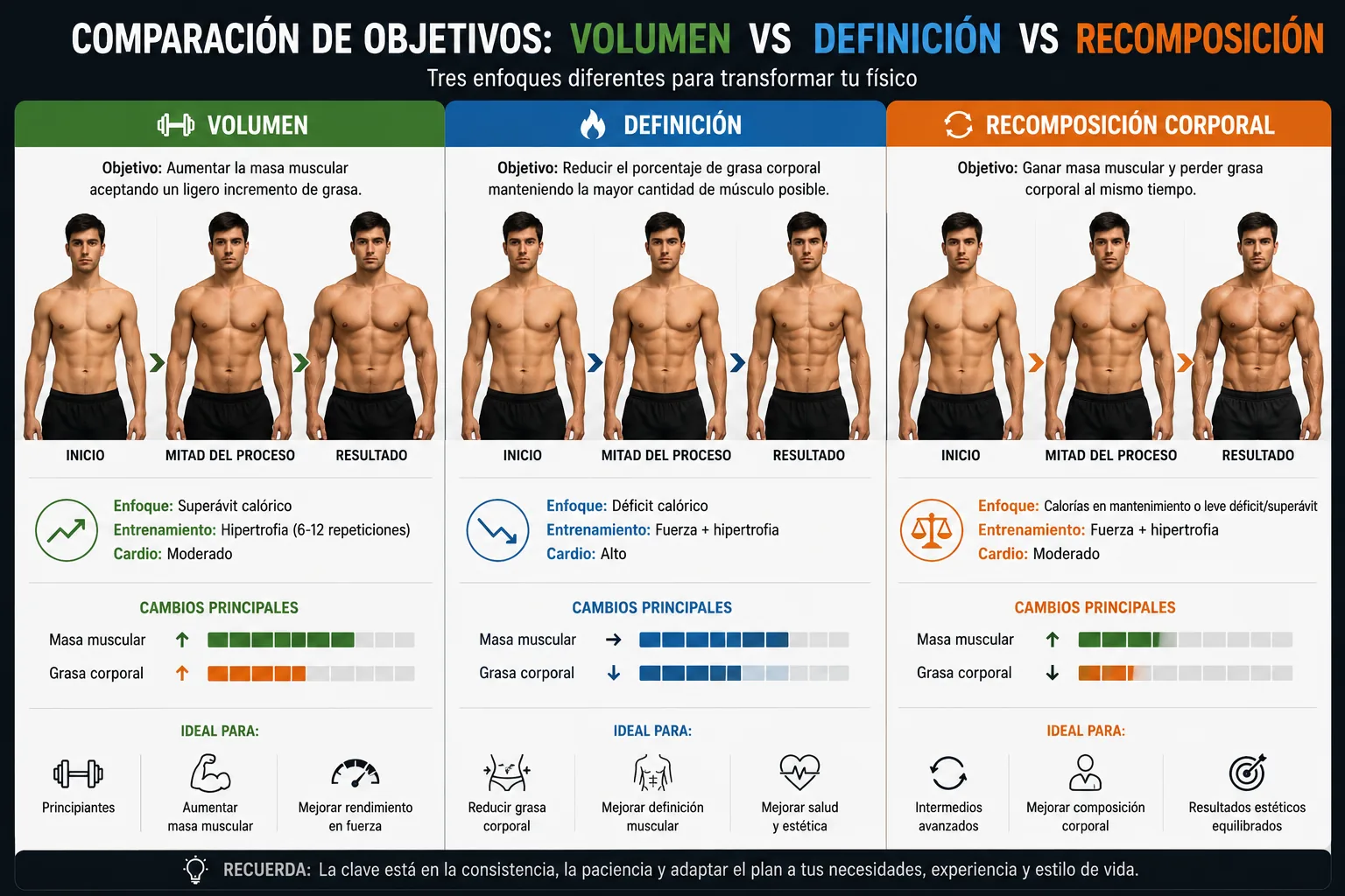 comparaison entre volume, définition et recomposition corporelle