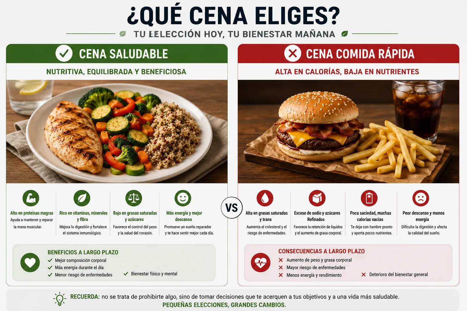 confronto tra una cena salutare e una cena a base di fast food