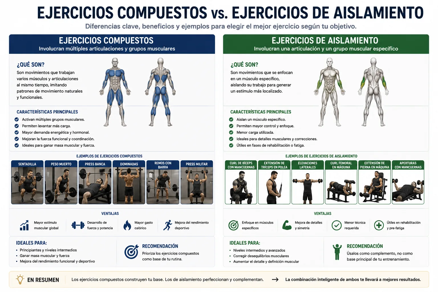 comparación entre ejercicios compuestos y de aislamiento