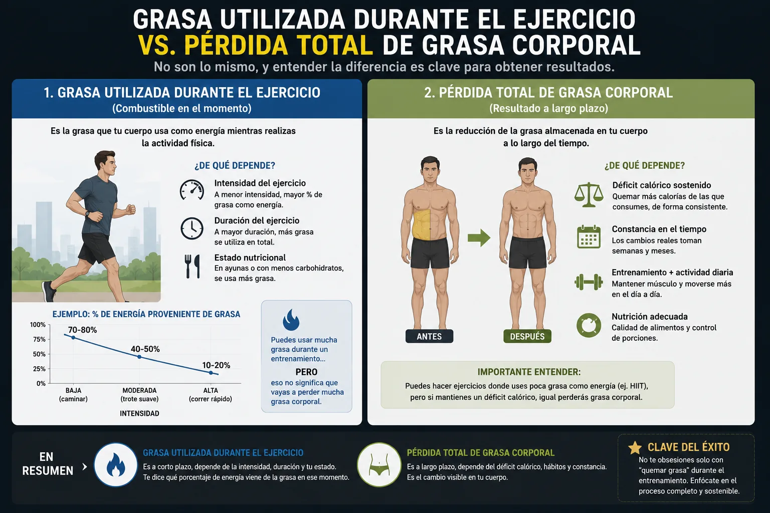 gráfico comparando grasa utilizada durante el ejercicio y pérdida total de grasa corporal