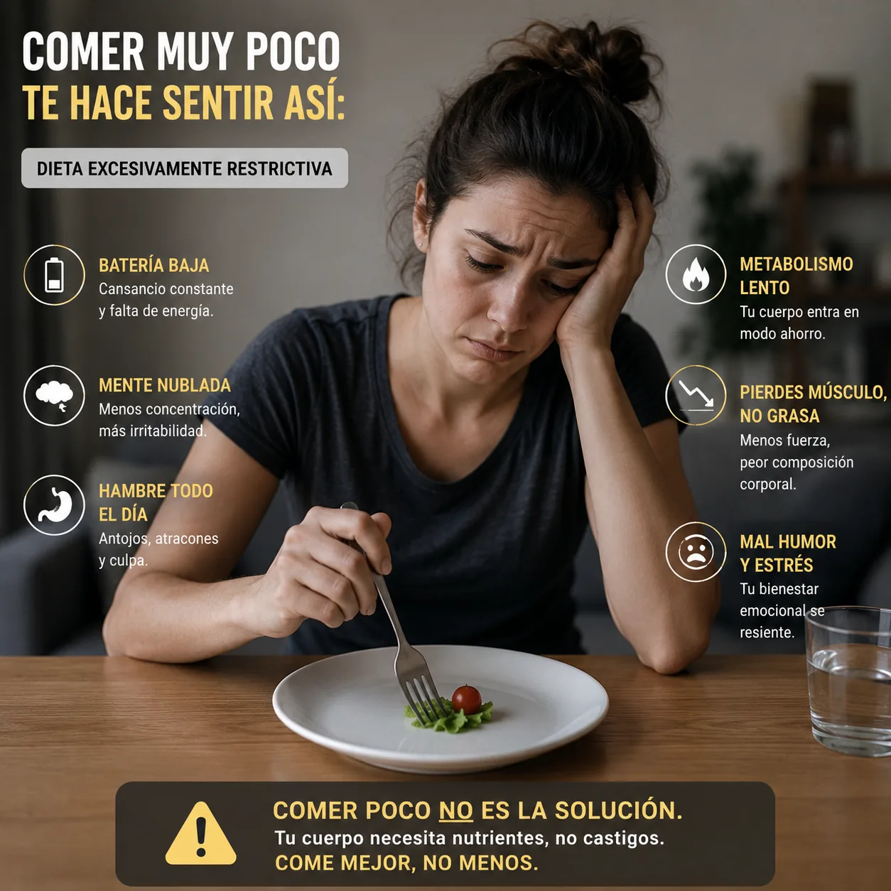 pessoa com pouquíssima comida no prato demonstrando sensação de fome e cansaço