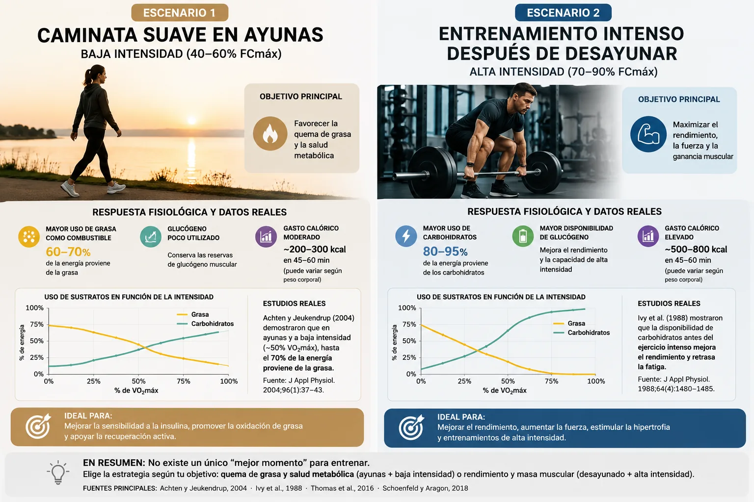 comparación entre una caminata suave en ayunas y un entrenamiento intenso después de desayunar