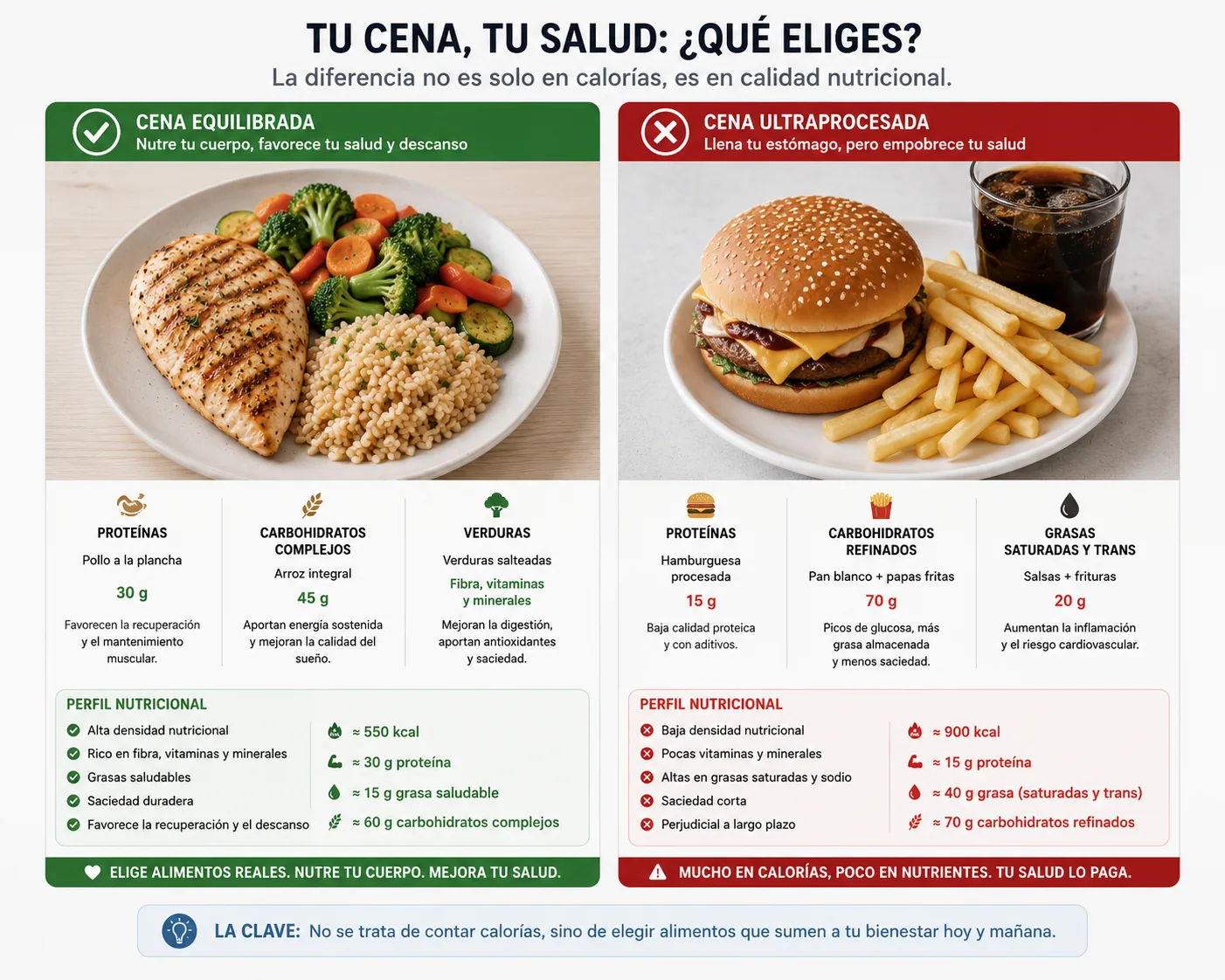 comparação entre um jantar balanceado e um jantar à base de alimentos ultraprocessados