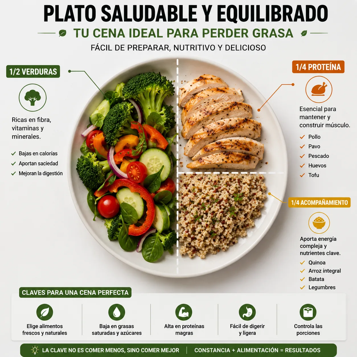 Piatto sano perfettamente bilanciato suddiviso in verdure, proteine ​​e contorno