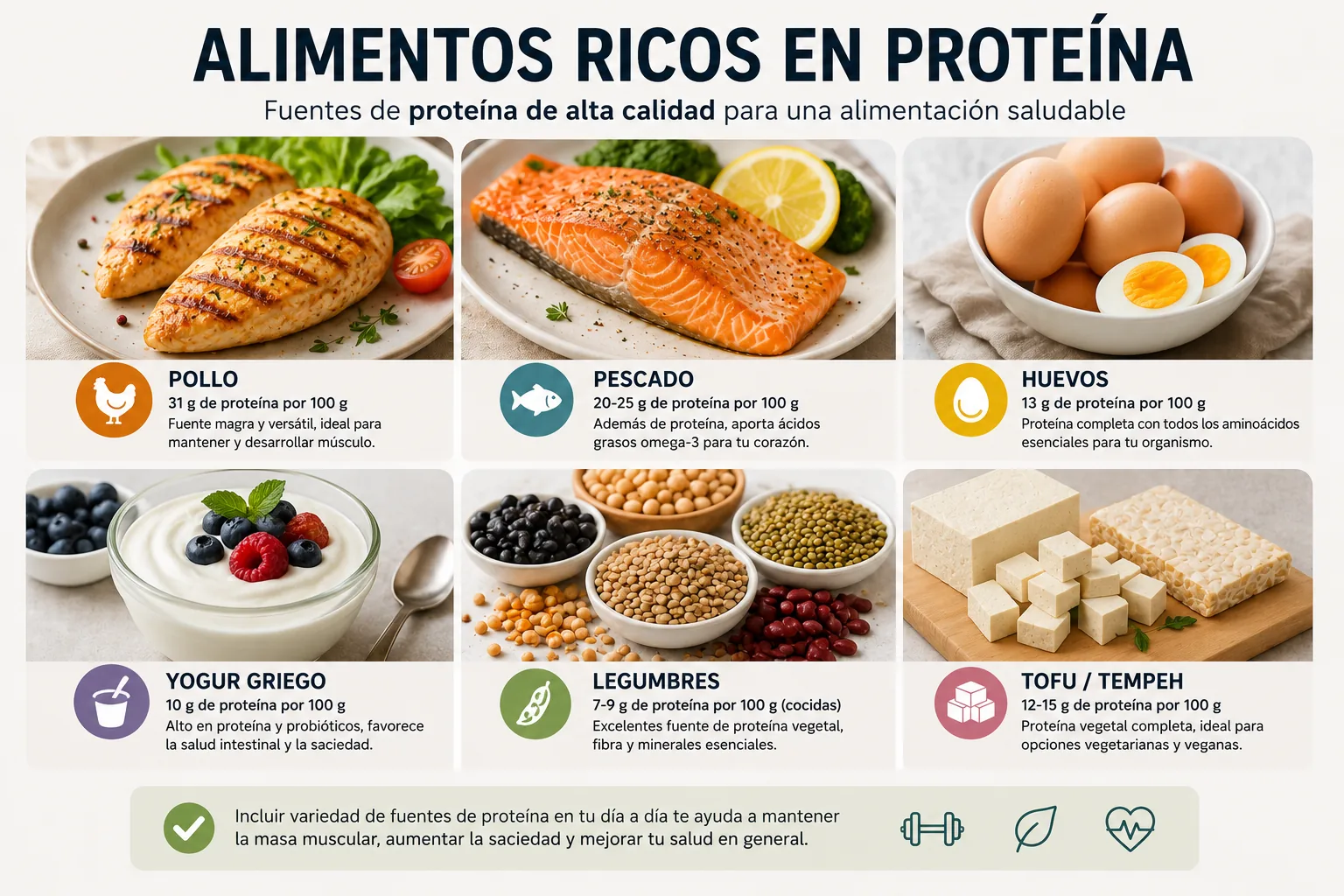 Protein-rich foods such as chicken, fish, eggs, yogurt and legumes