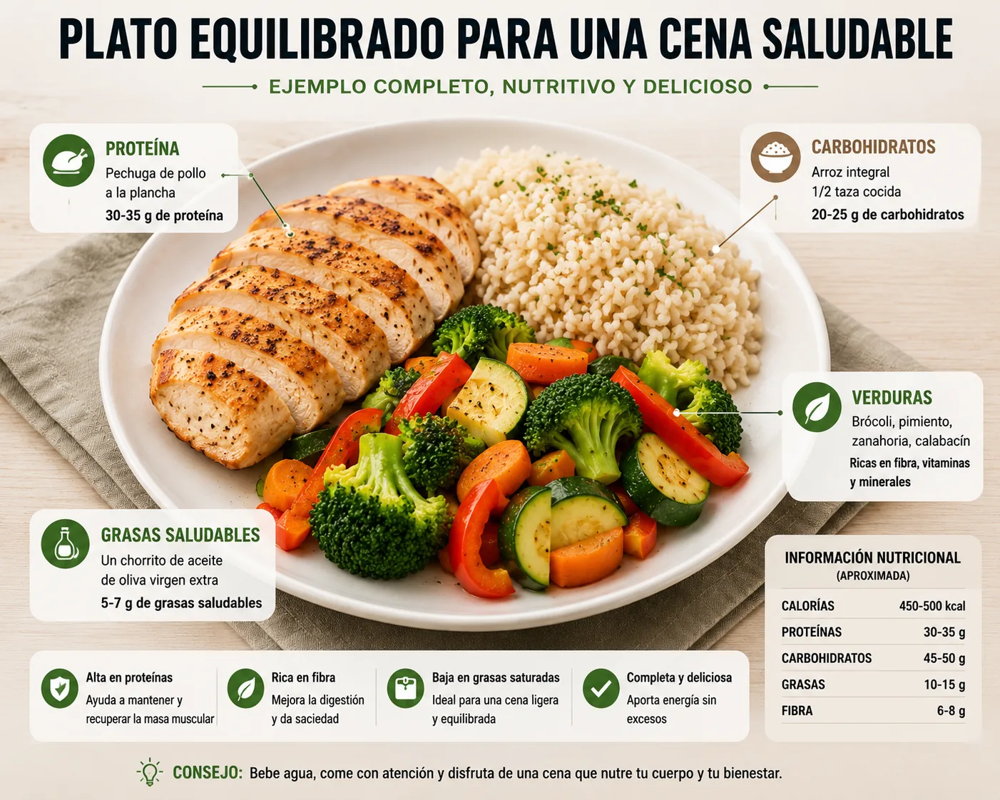 piatto equilibrato con pollo, verdure e riso