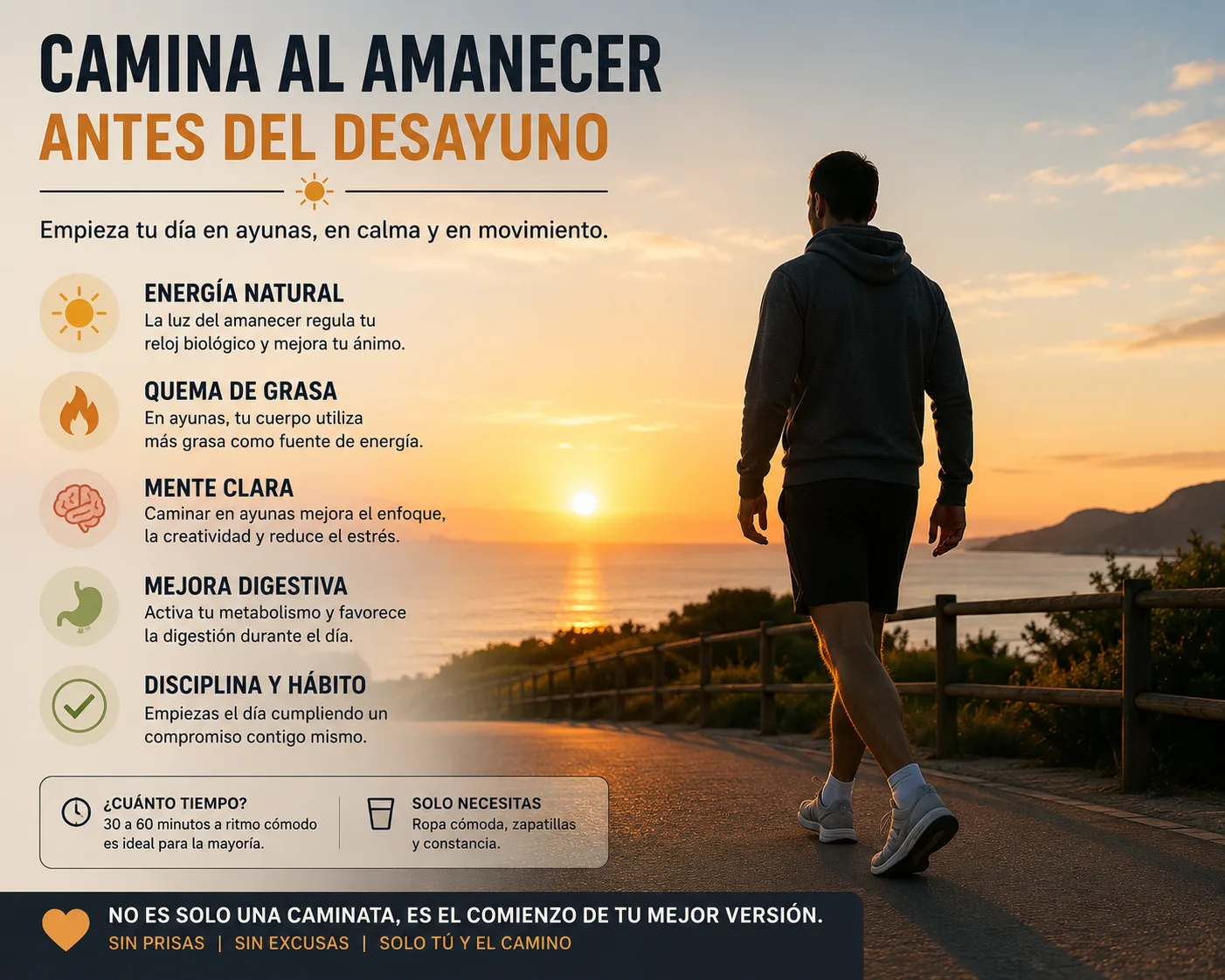 persona realizando una caminata al amanecer antes del desayuno