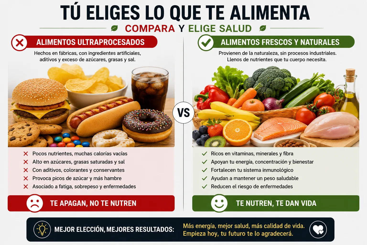 comparação entre alimentos ultraprocessados ​​e alimentos in natura