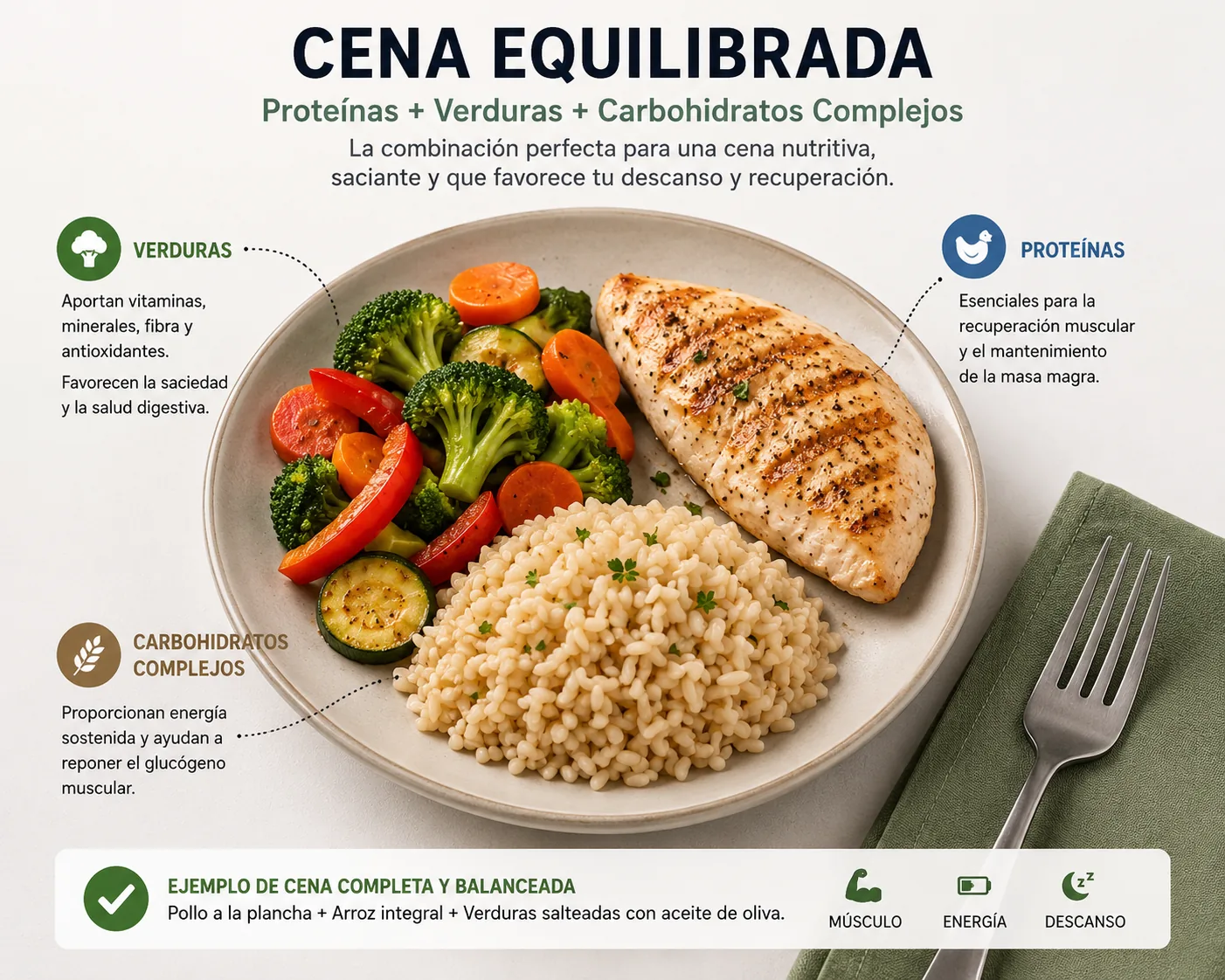 jantar balanceado com proteínas, vegetais e carboidratos complexos