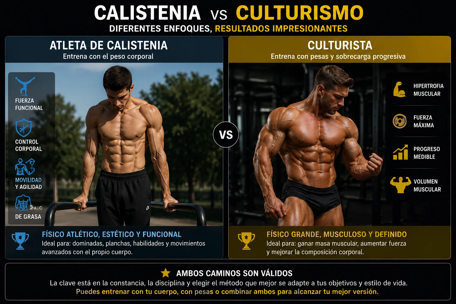 atleta de calistenia y culturista mostrando físicos musculados diferentes