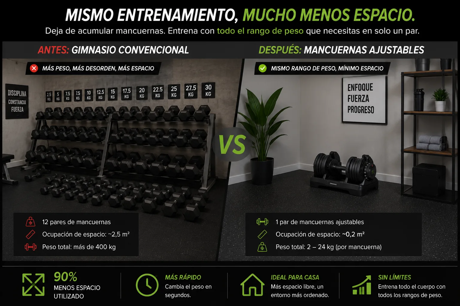 Comparação entre uma academia cheia de halteres e um par de halteres ajustáveis