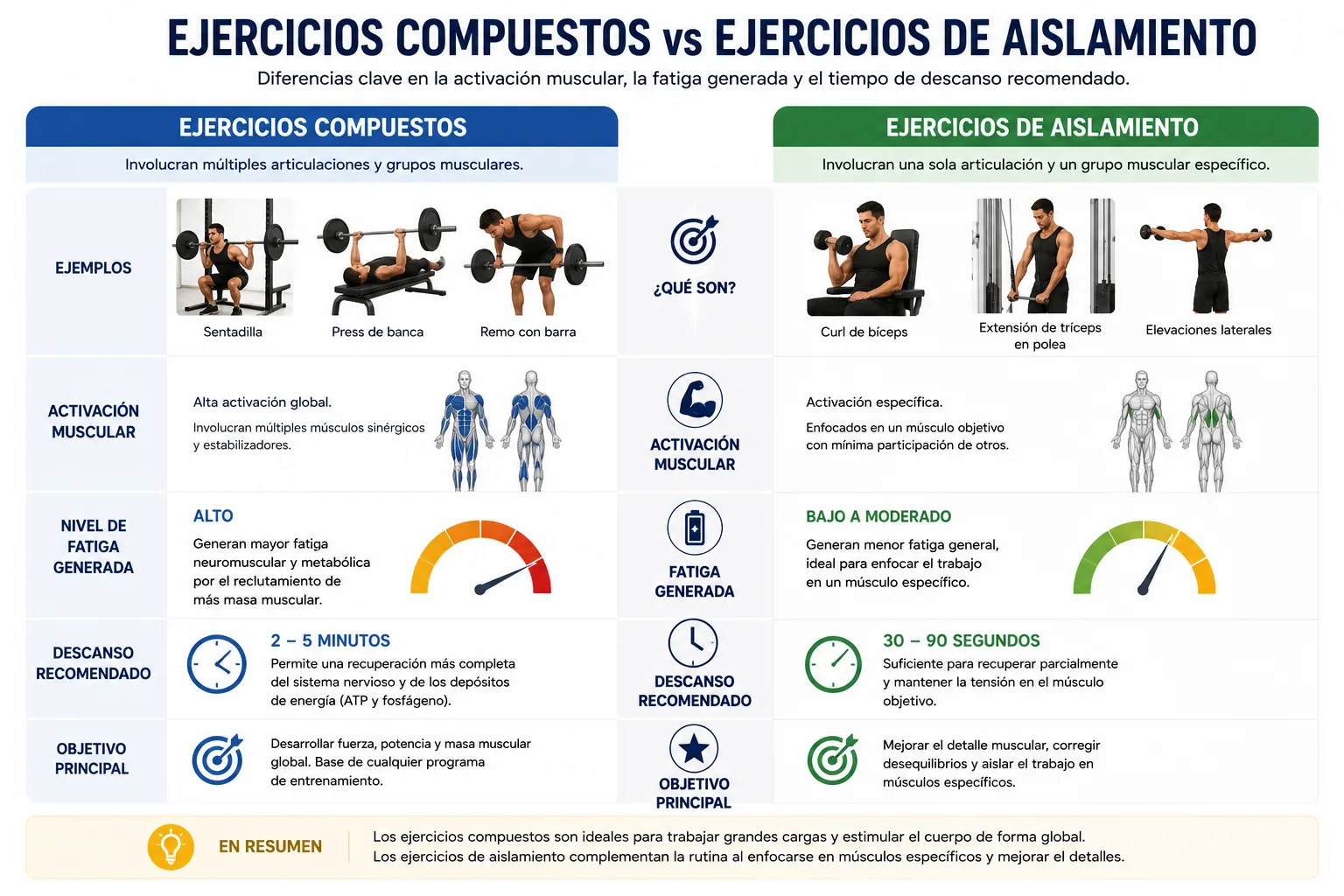 diferencia entre ejercicios compuestos y de aislamiento