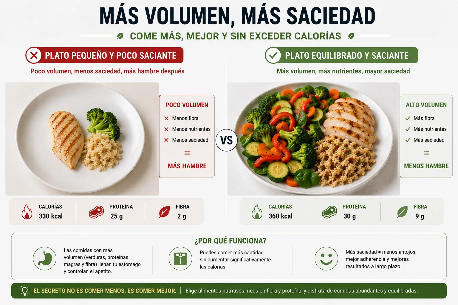 comparação entre um prato pequeno e pouco saciante e outro balanceado com vegetais e proteínas