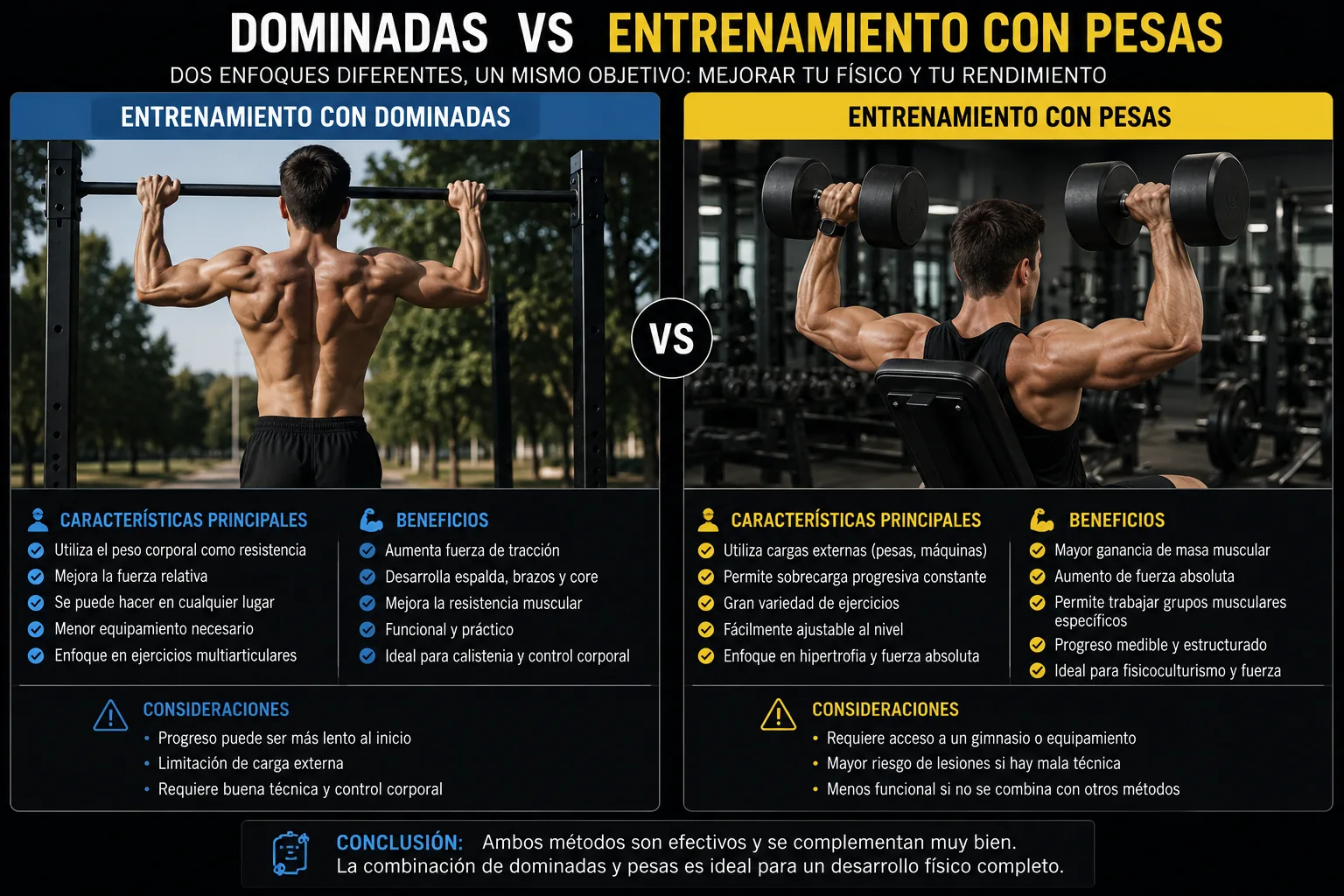 comparación entre una persona realizando dominadas y otra entrenando con pesas en un gimnasio