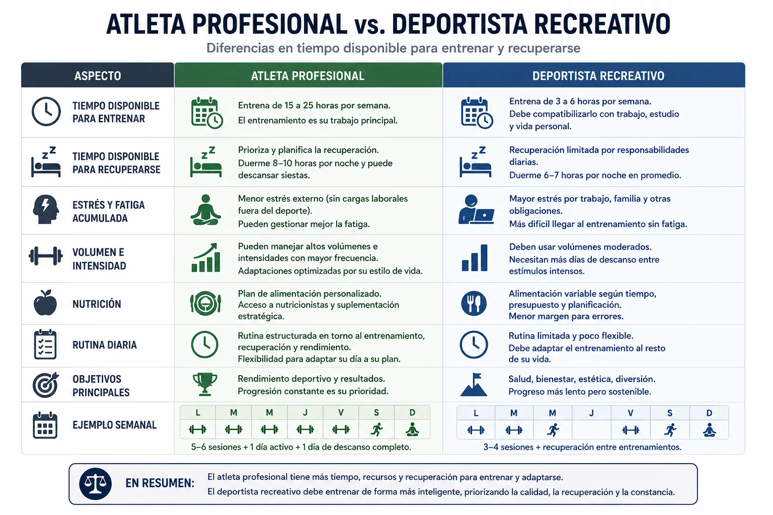 comparación entre un atleta profesional y un deportista recreativo