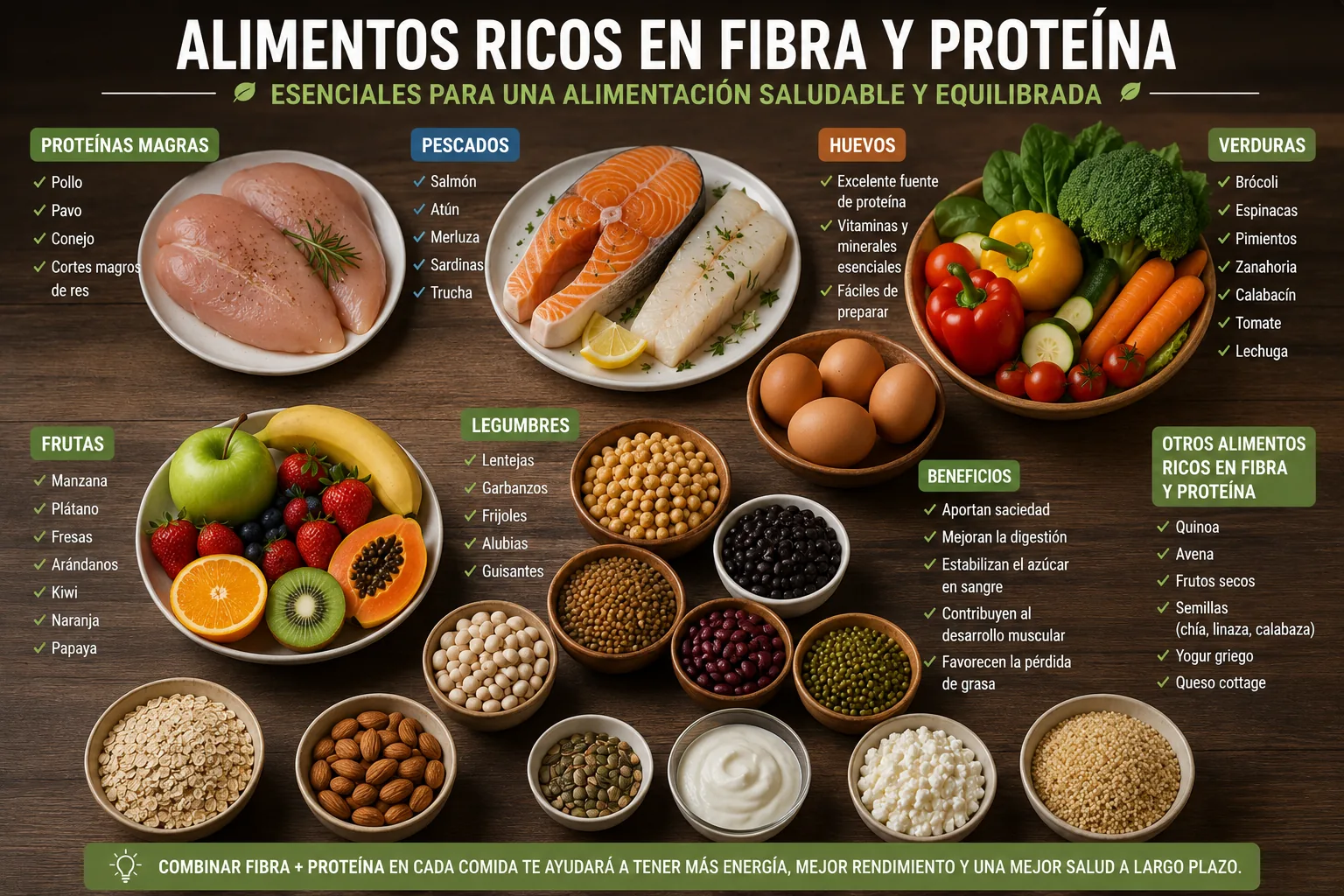 alimentos ricos em fibras e proteínas organizados em uma mesa